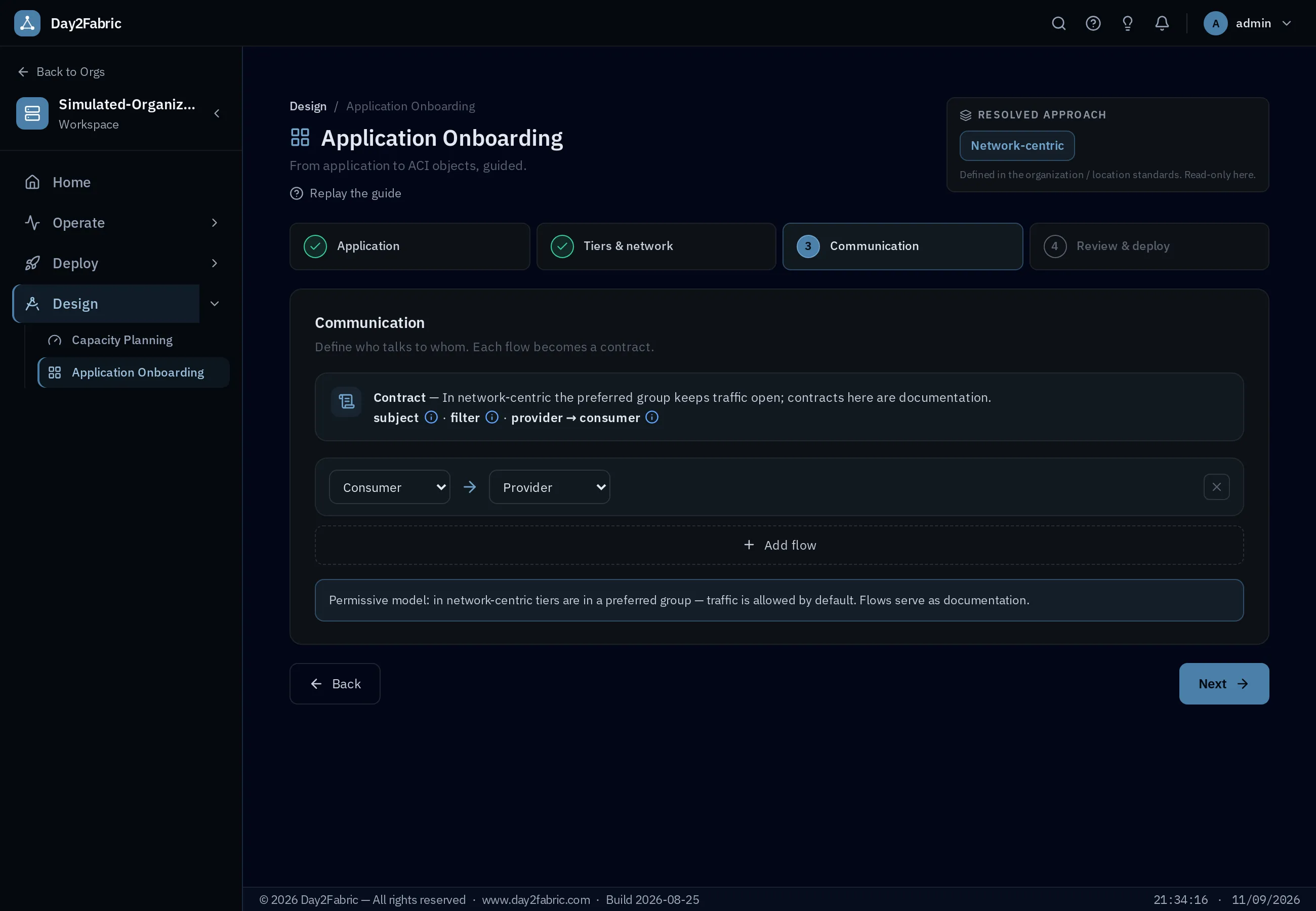 Day2Fabric Application Onboarding — review step with generated tenant, EPGs, BDs and the reachability preview