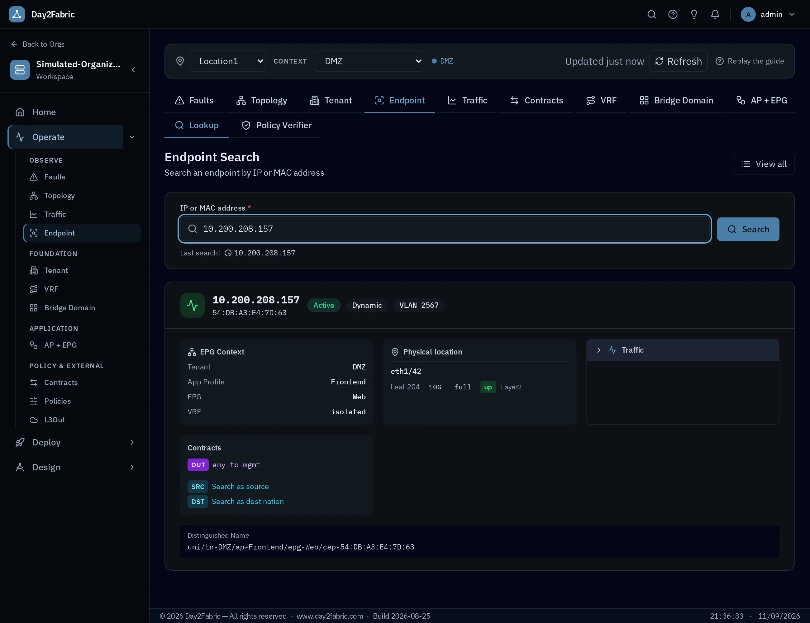 Day2Fabric Endpoint Search — IP/MAC lookup with tenant, EPG, VRF, contracts and DN