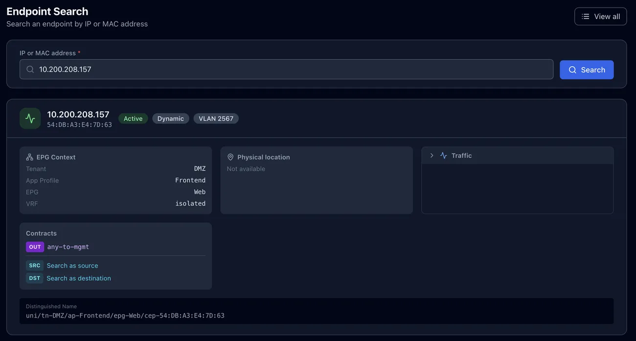 Day2Fabric Endpoint Search — IP/MAC lookup with tenant, EPG, VRF, contracts and DN