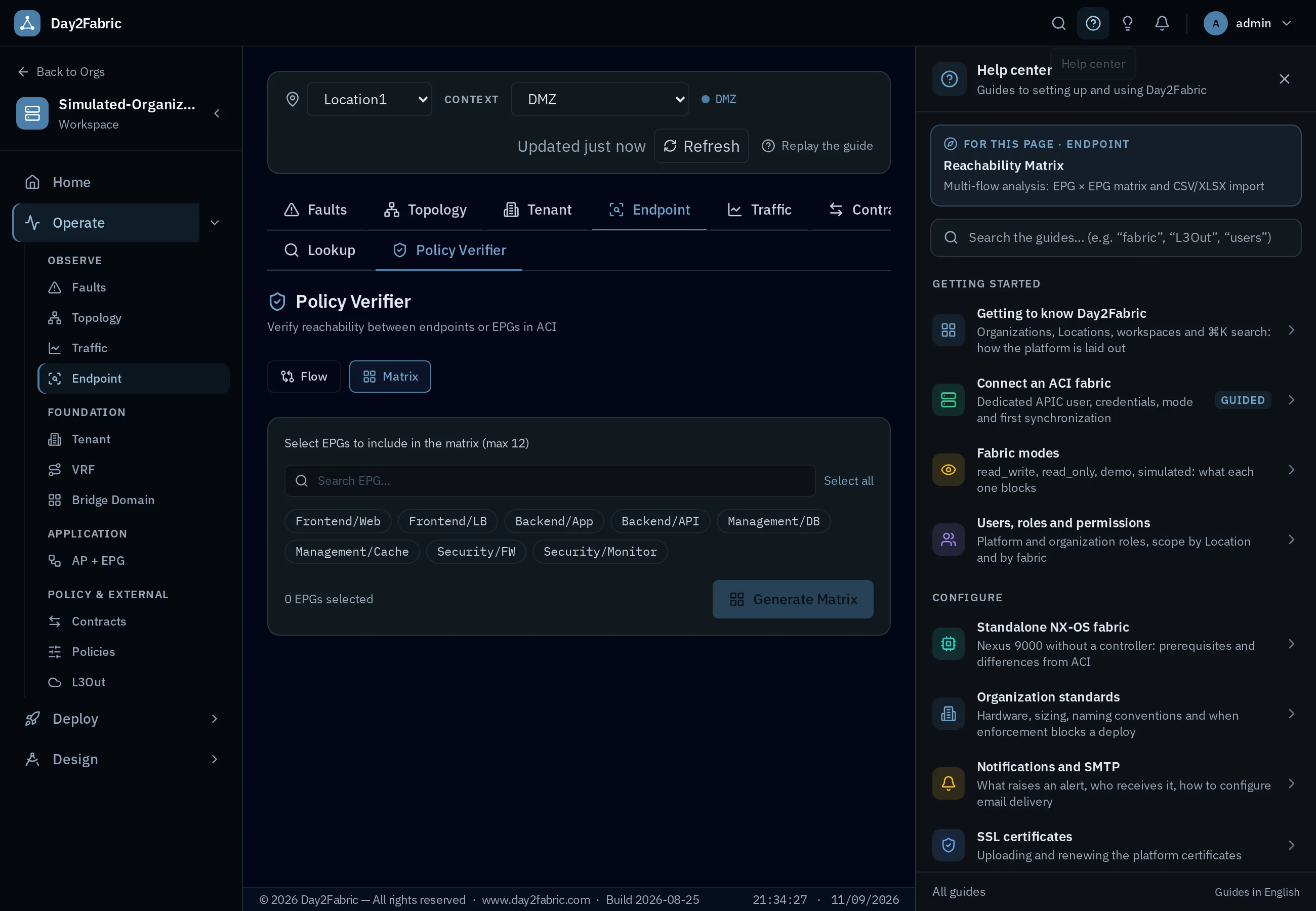 Day2Fabric Help center drawer open next to the Policy Verifier, with contextual guide and guided paths