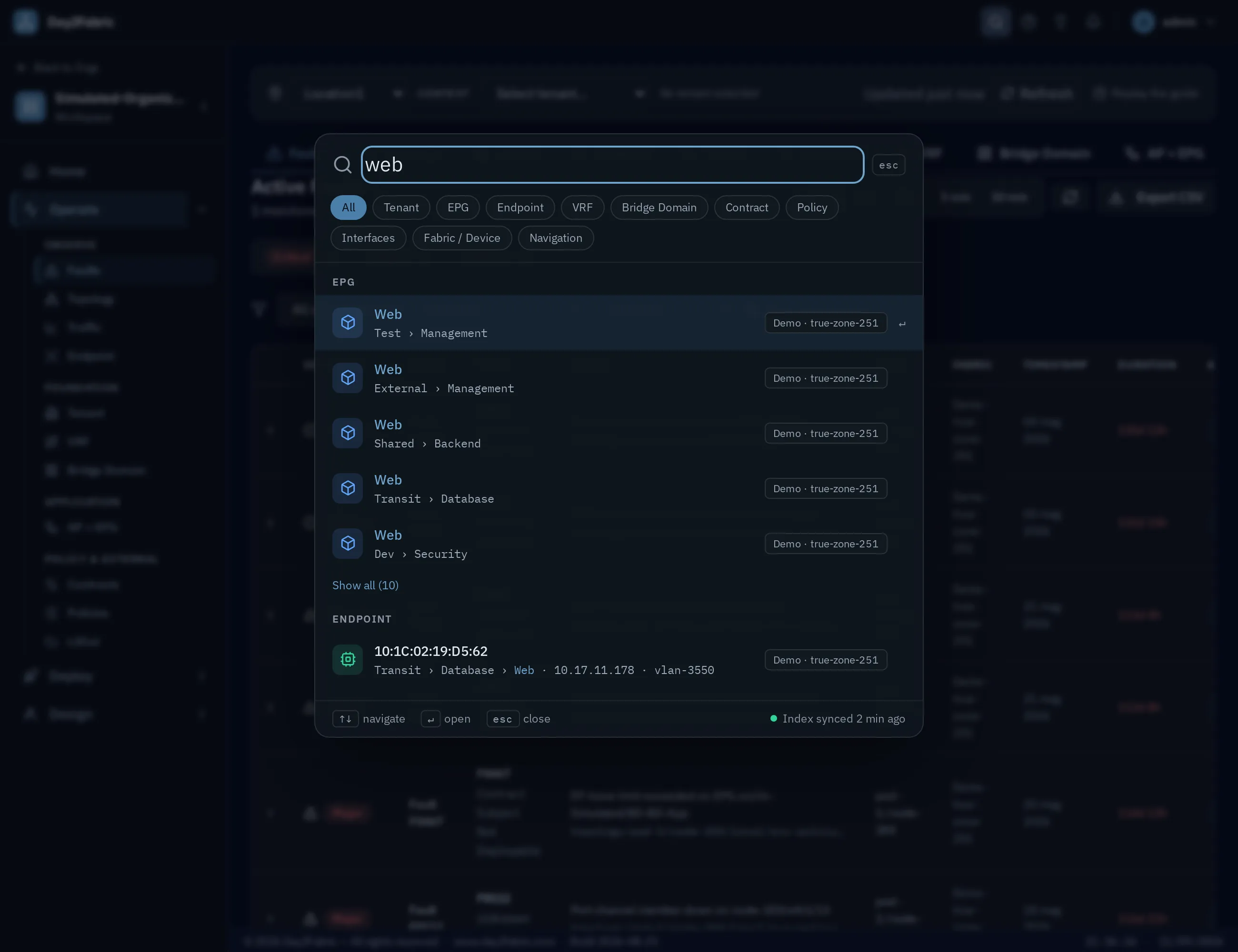 Day2Fabric universal search overlay with results grouped by type